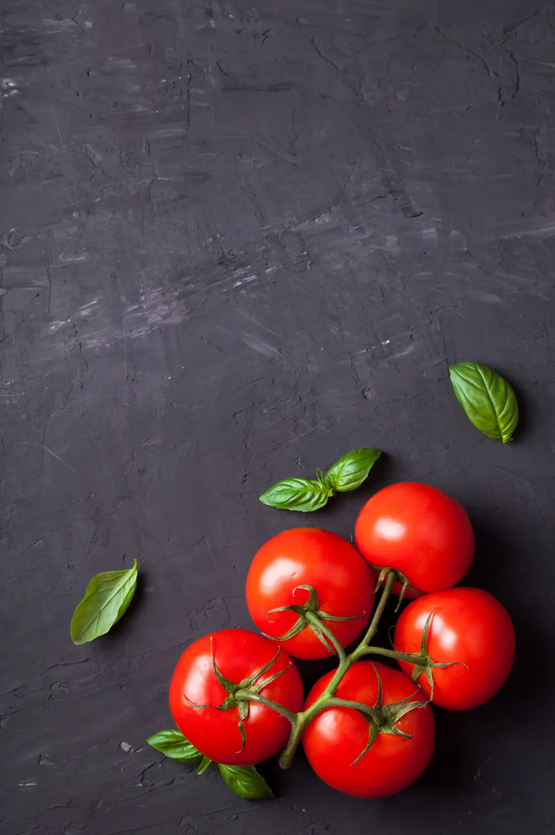 Frische Strauchtomaten mit Basilikum auf dunklem Schiefer – Symbolfoto für die Warenannahme